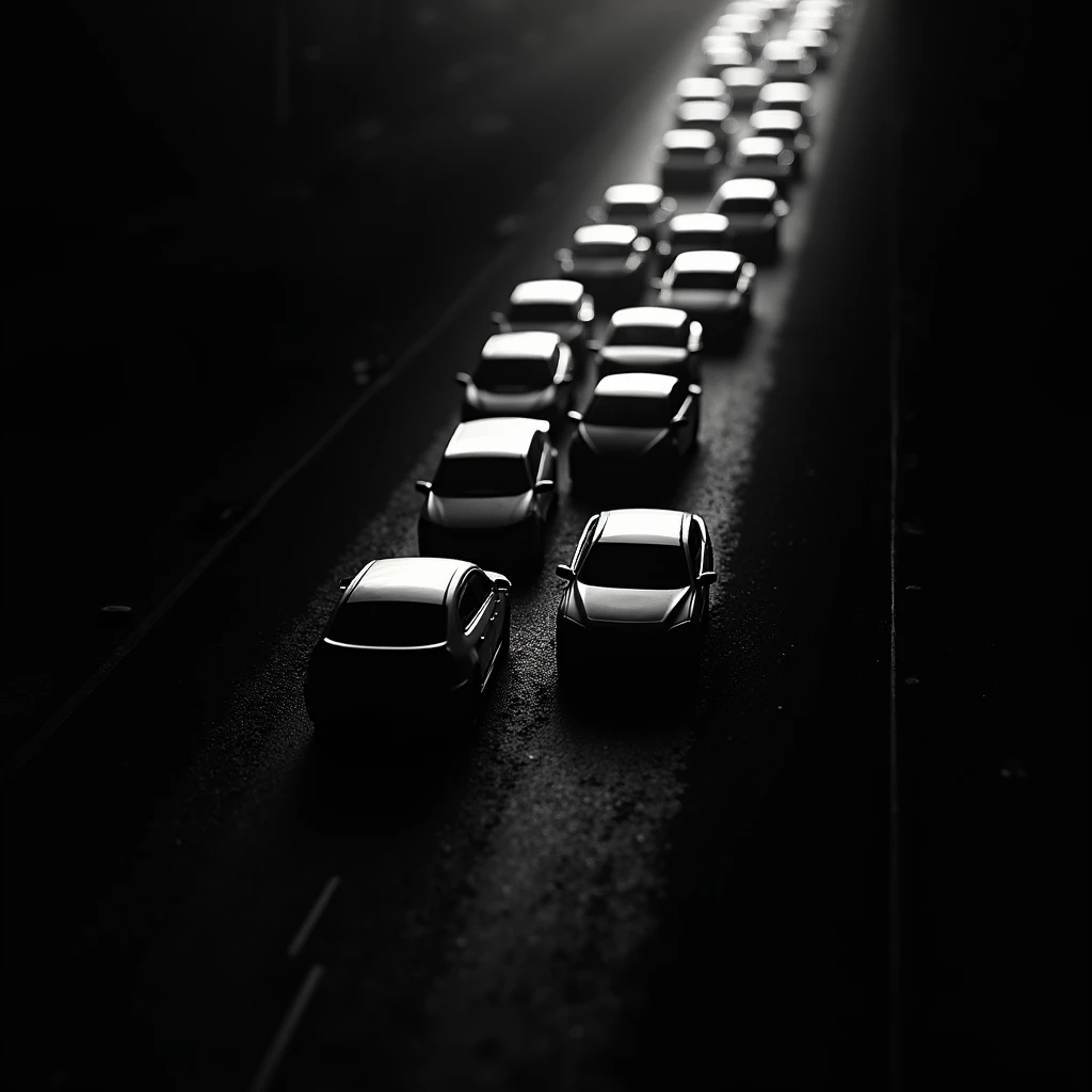 A pure black background generates a black and white silhouette. A series of car accidents on the road. 10 cars drove in one direction and collided one after another. The fronts of the cars were smashed. The scene was tragic.