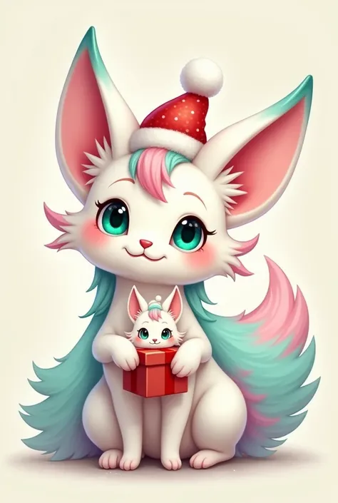 A white fenek chanterelle with pink and blue hair and green eyes smiling in a Christmas hat with a gift of a white fox fenek