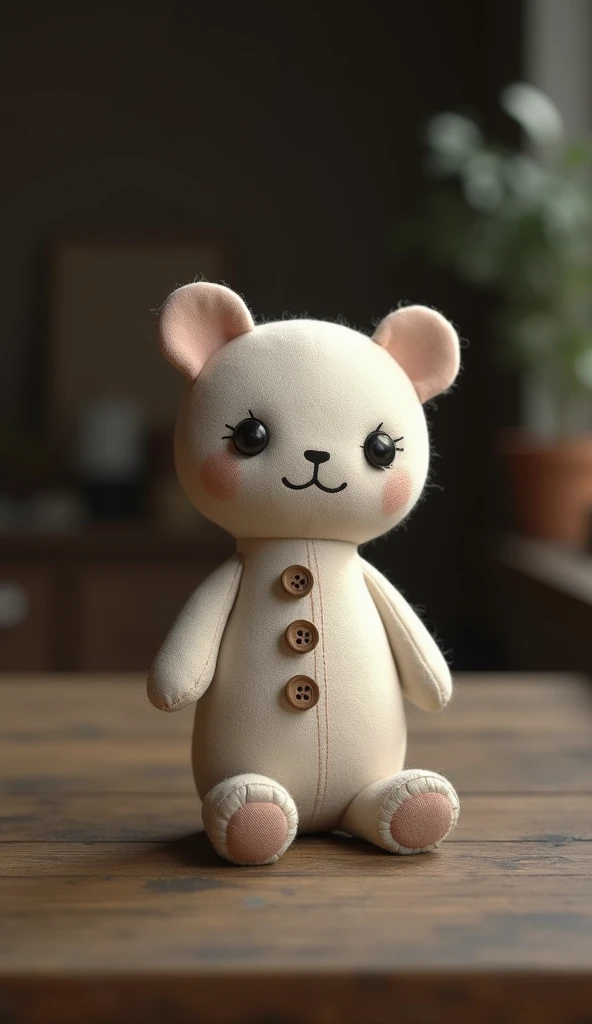 Realistic soft , simple toy created by a , buttons on an empty dark brown table so that you can see the thread seams,and instead of eyes, 