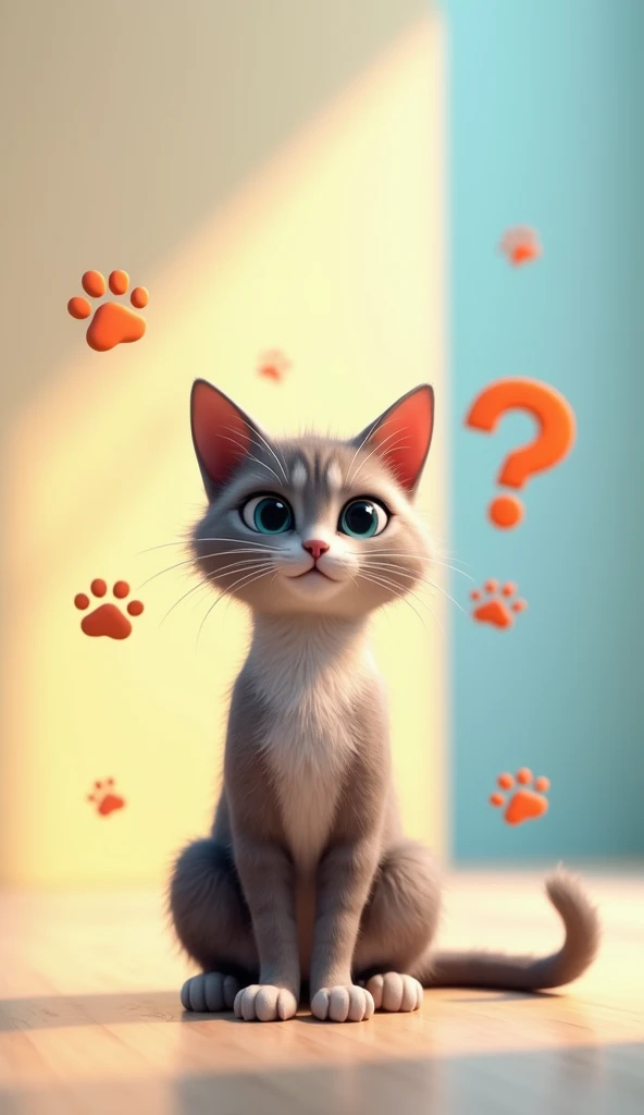  A 3D ((realistic:1:3))  cat with glossy fur, sitting in the center with its head tilted in a curious pose. The background is softly lit with light pastel colors (yellow and blue gradients), and there are paw prints and question marks scattered subtly arou...