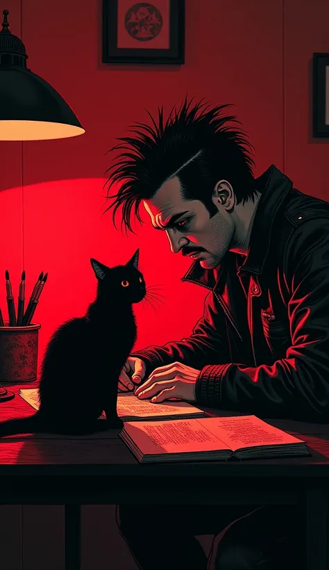 The image shows a hyperrealistic illustration in red and black ink of Federico Nietzche, dressed as a punk, at a desk reading with a black cat on the desk in a dark room at night in Bogotá. Super resolution, super quality.
