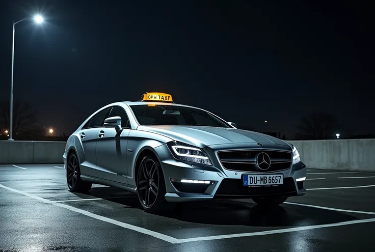 One single Silver 2000s mercedes cls with a bright „BFW taxi“ sign standing in a parking lot in the night under bright street lantern spotlight, front car sign Says „DU-MB 6767“, 8k, ultra realistic high detailed