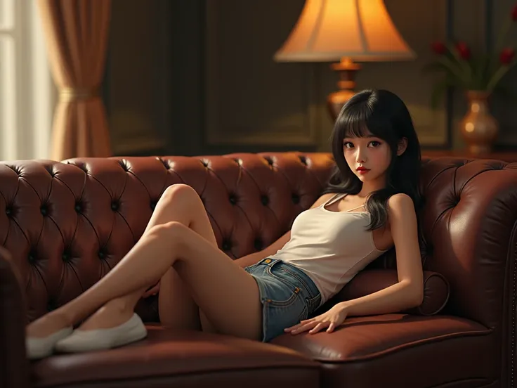 Create a picture of a Thai female student with her legs draped over a footrest, her arms on a sofa, and her legs sitting on a leather sofa throne.