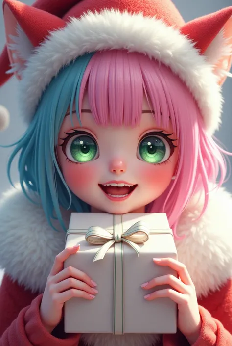 with pink and blue hair and with green eyes smiling in a Christmas hat with a gift of white fox fenek