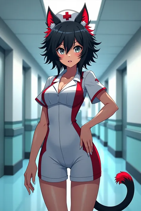 My hero Academia,  anime girl image,  black with red tufts, gray eyes, lions ears and tails ,  sexy nurse costume ,  smiling,  in a newly-parity hospital , in a hallway, al estilo My hero Academia