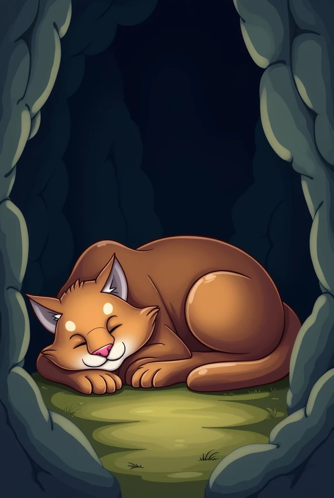  Middleage puma sleeping tight in dark cave cartoon