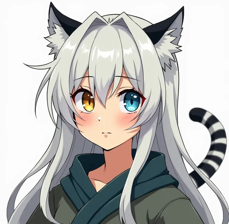 Anime style of an androgynous young adult,  with one eye yellow and the other blue  , clothing with slightly tanned skin ,  long, untidy white hair with black stripes with ears and a tigers tail of the same color. Put on simple ninja .