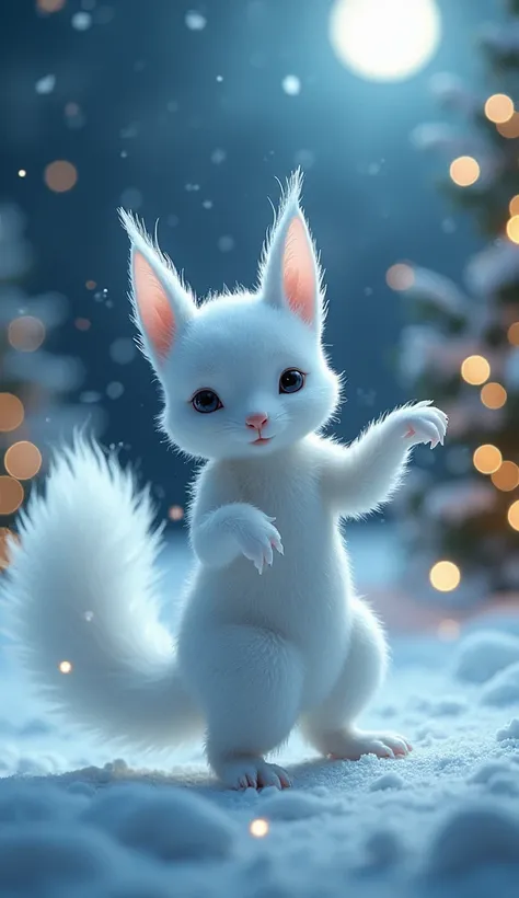 Body like a white squirrel 、 her ears are clear like long icicles。 her bushy tail is also made of snow 。 dancing in the moonlight on a snowy field at night 。 background Christmas tree、 Illuminations