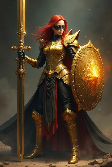  A red-haired woman in full gold armor, without a helmet and without any accessories on her head ,  other than a black blindfold covering her eyes .

She wields a giant sword with one hand and has two magic shields floating next to her.