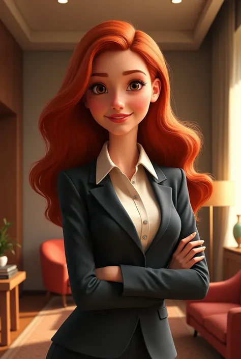 Pixar-style poster ,red hair woman, brown eyes, secretary,elegant suit