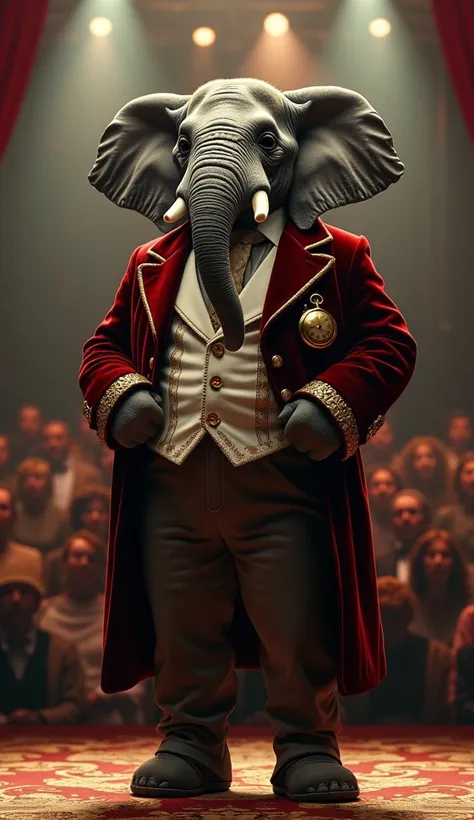 "Design a captivating image of a human-sized elephant dressed in opulent old-money attire, standing confidently on a grand talent show stage. The elephant wears a tailored velvet coat, a crisp white shirt with a high collar, and a gold pocket watch danglin...