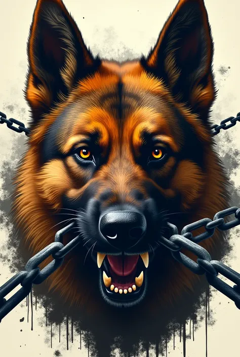 Draw the head of an angry German shepherd looking forward straight at the viewer and biting off some chains on stencil 