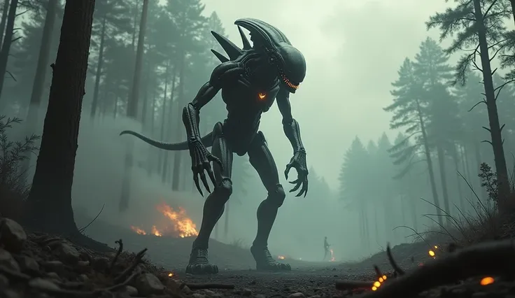 alien Predator movie creatures alien standing in the middle of forest ready for action, fire and ash everywhere. 