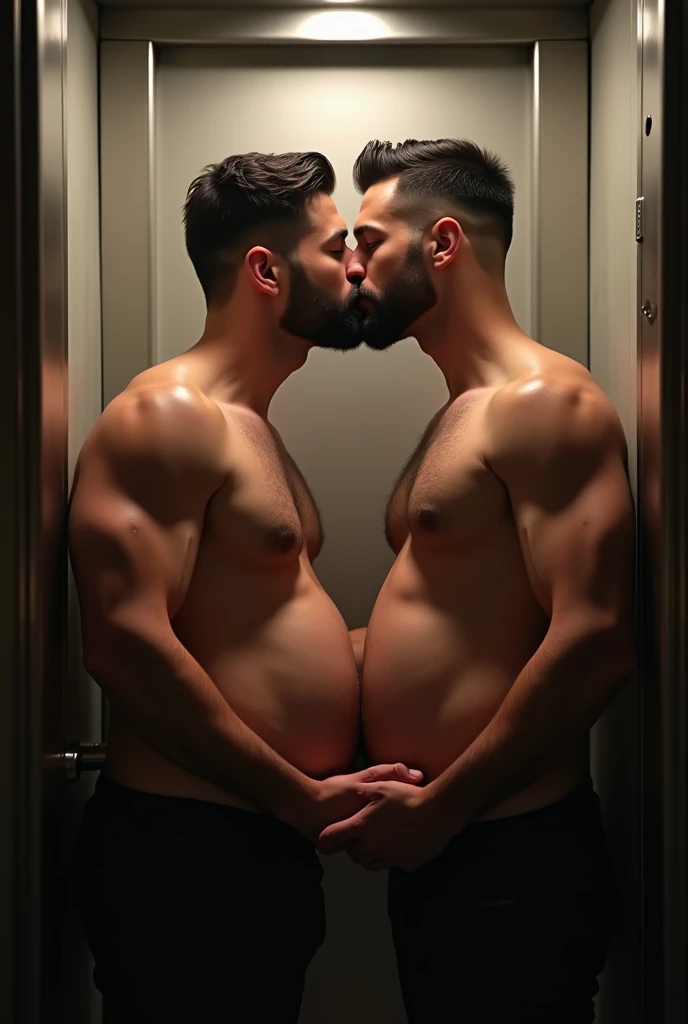 2 guy, pregnant men, so handsome men with huge belly, the men is standing kissing in the apartment elevator, more real