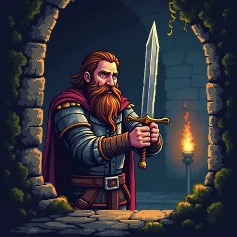 Pixel art, game style. Bearded man obtaining the sword item.