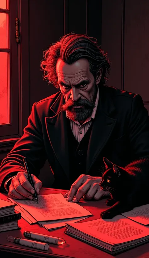 The image shows a hyperrealistic illustration in red and black ink of Friedrich Nietzsche, at a desk reading with a black cat on the desk in a dark room at night in Bogotá. Super resolution, super quality.
