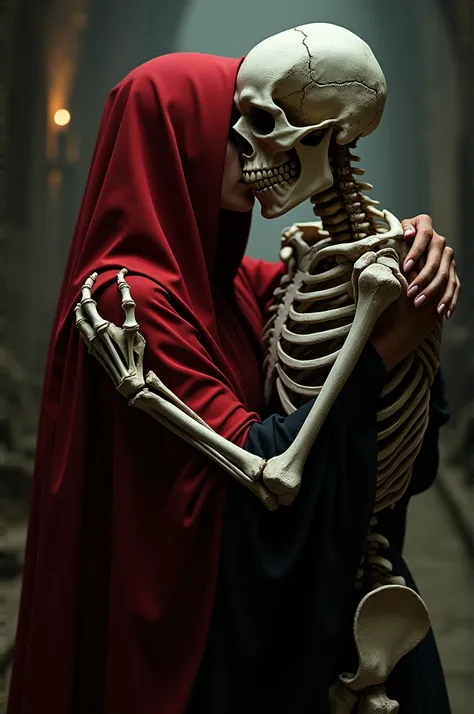 Red-hooded nun kissing a skeleton 