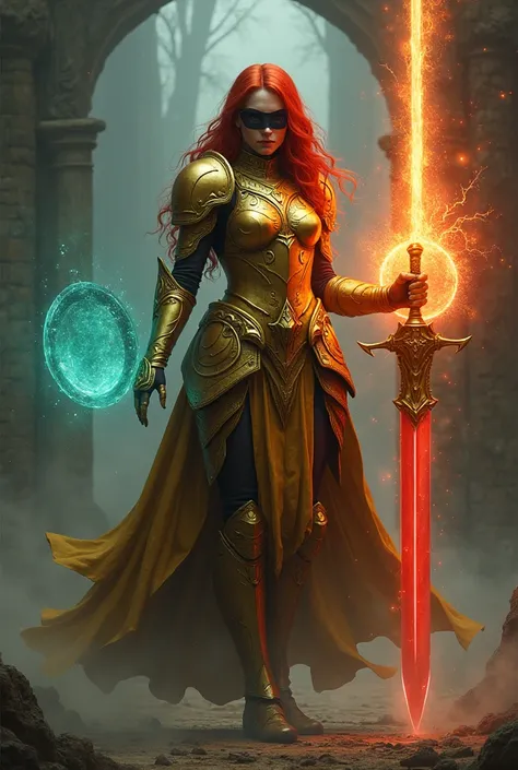  A red-haired woman in full gold armor, without a helmet and without any accessories on her head ,  other than a black blindfold covering her eyes .

She wields a giant sword with one hand and has two magic shields floating next to her.

One shield floats ...