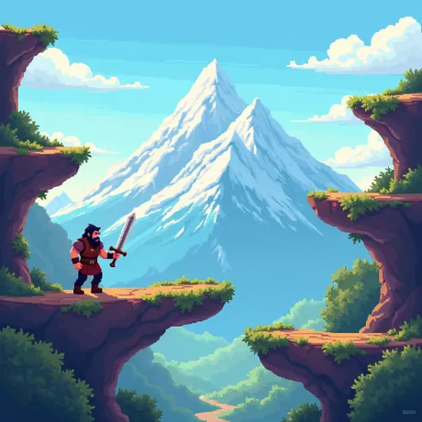 Pixel art, game style. Bearded young man obtaining the sword item. In a platform game. A wide shot showing platforms, a mountain.