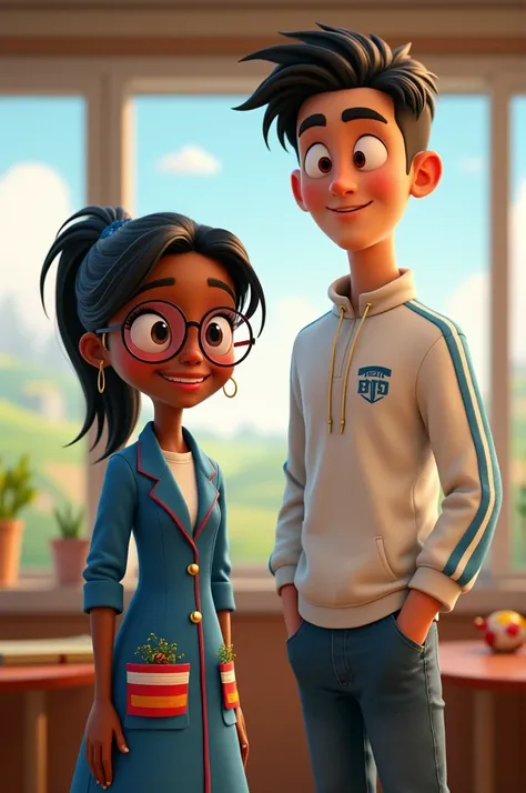  I need you to generate an image of a couple of teachers in Pixar style or similar under the following details
1.  the background must be from a school in the rural area
2 . la chica debe ser dark-skinned,  with pink lenses and with golden touches . Big ey...