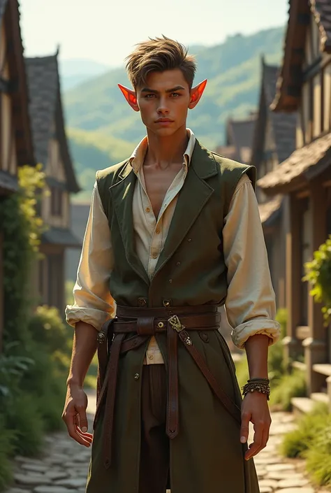 Masterpiece, Best Quality, 8K, Photographic Reality, Realistic, Full Body Image, fantasy village background, Full Body Image, cunning youthful adult male Elf in commoner clothes