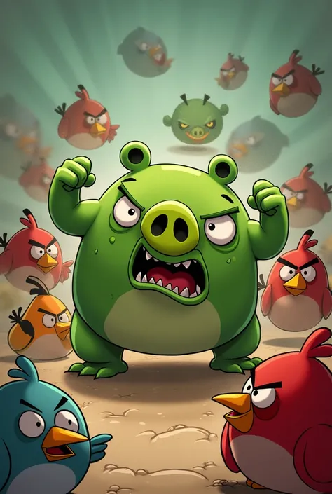 Green pig from Bed Piggies, very angry, with clones of himself. Attacks birds from Angry Birds