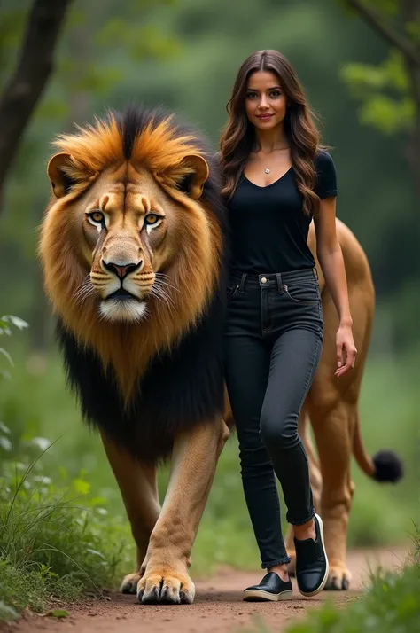 A woman dressed in black casual walks alongside a large lion