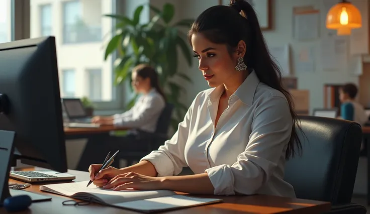 A small office setup with Anshu nold sexy figure curvy big boobs half nude working at her desk, her concentration evident as she types on a computer. She is wearing a formal shirt and trousers, her hair neatly tied back, and the office atmosphere is lively...