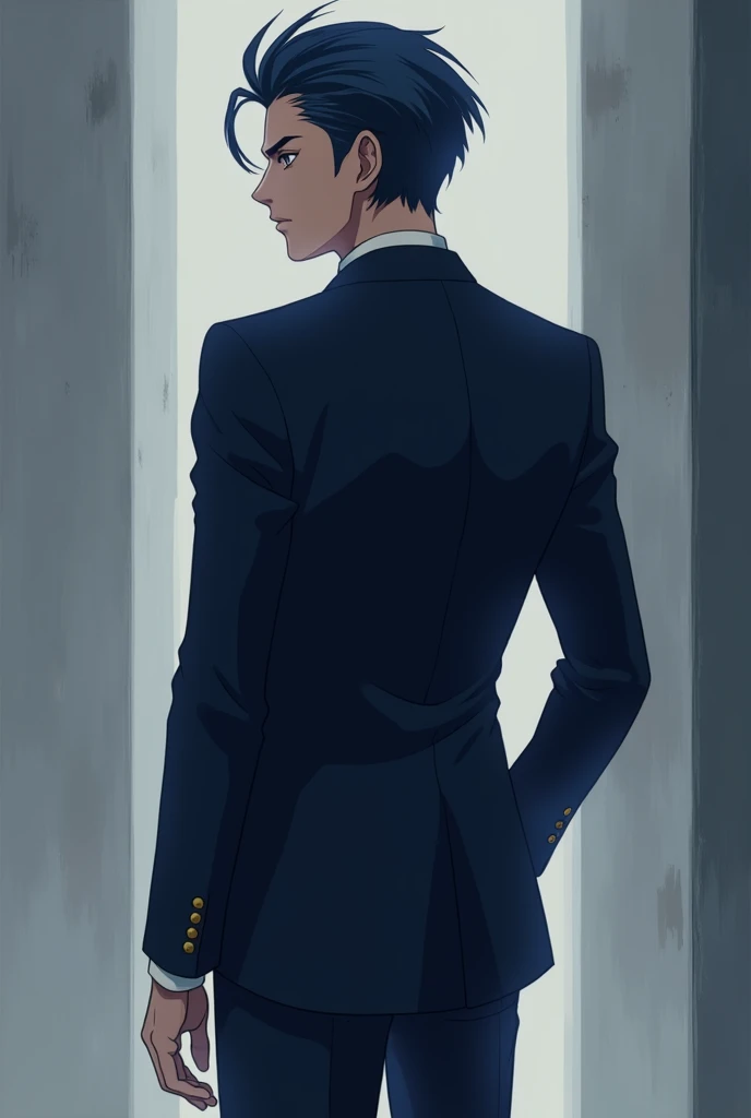 Anime Man Standing Facing Back In Cool Black Hair Blue Suit