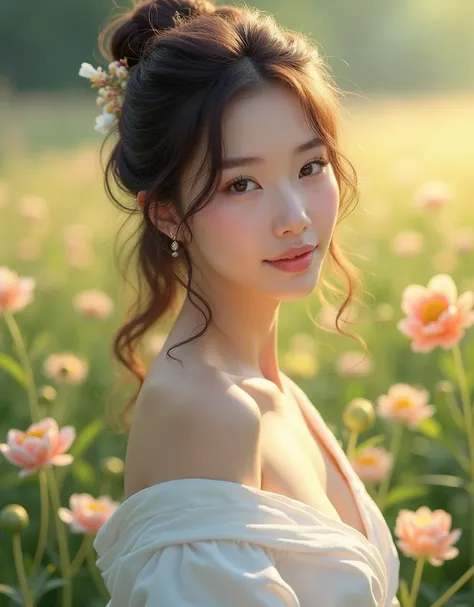 top-quality、​masterpiece、超A high resolution、(Photorealsitic:1.4)、Raw photo、女の子1人、robe blanche、off shoulders、flower field、glistning skin、Light smile、Suppin、no-makeup