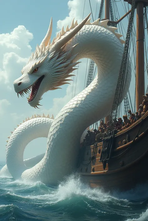 A long white dragon wrapped around a pirate ship,