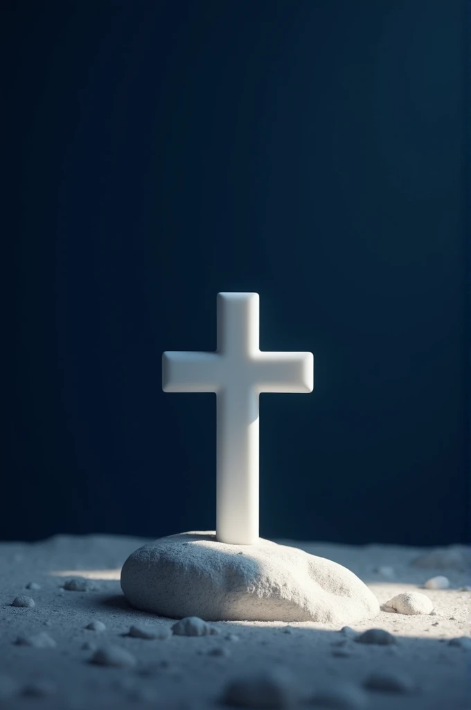 Shadow image of a slightly thick white cross very small with light and with light coming from above and on top of a rock and with a navy blue background 