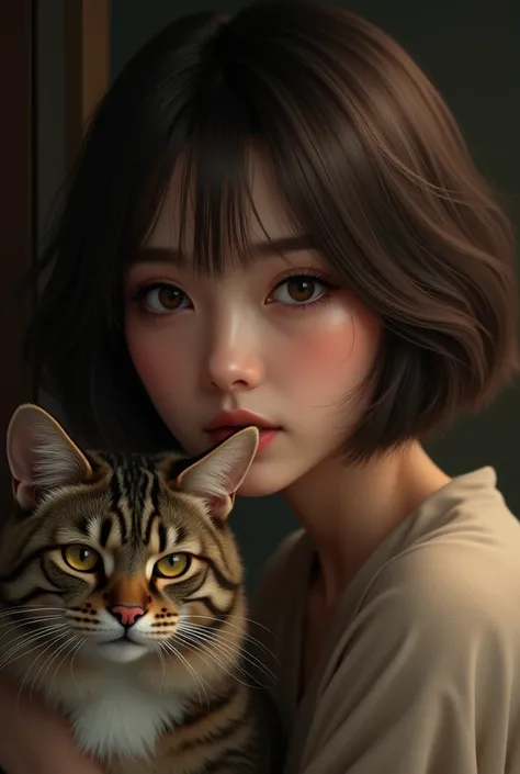  woman bob haircut brown hair, oriental cat is not so young