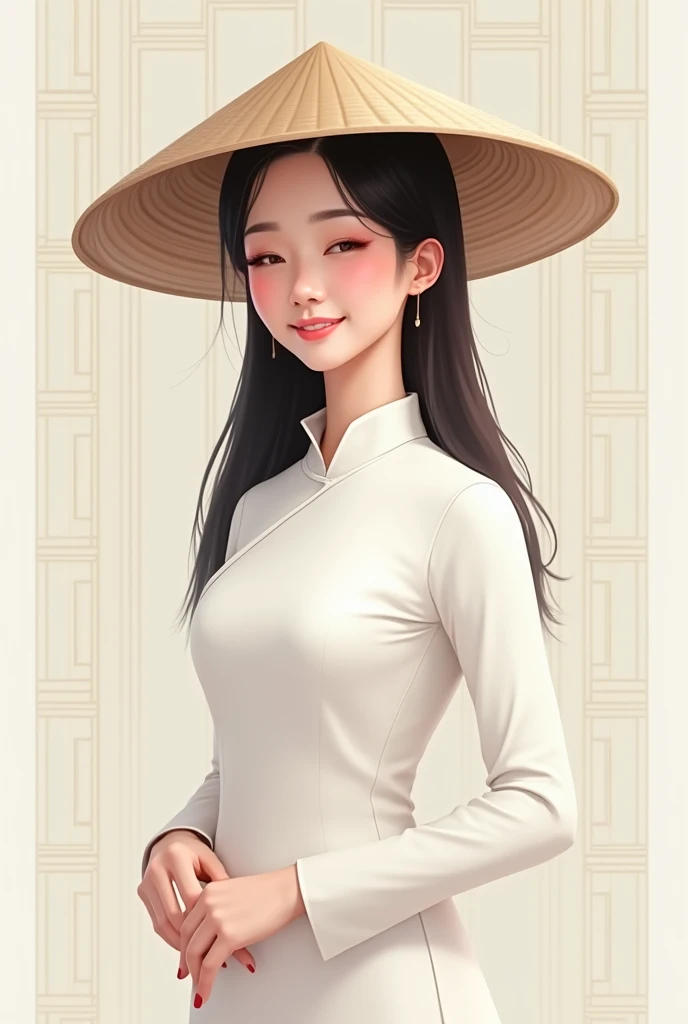  creates the image of a woman from the front dressed in a traditional outfit , which seems to be a  "ao dai" white ,  characteristic of Vietnam .  She wears a conical straw hat ,  that is typical of Vietnamese culture .  Her face has a serene expression , ...