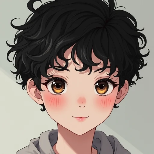  male high school student  ， Black Curly Short Hair   。 white skin， Amber Big Eyes ，long eyelashes，Small nose。delicate，  muscle is not visible。  Blush，  smile with light wine hole

Upper body，Fine style 