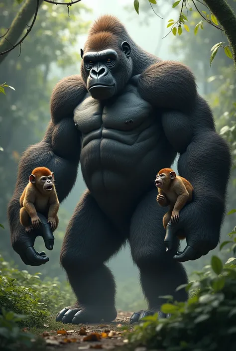 Gorilla with a monkey in each hand 