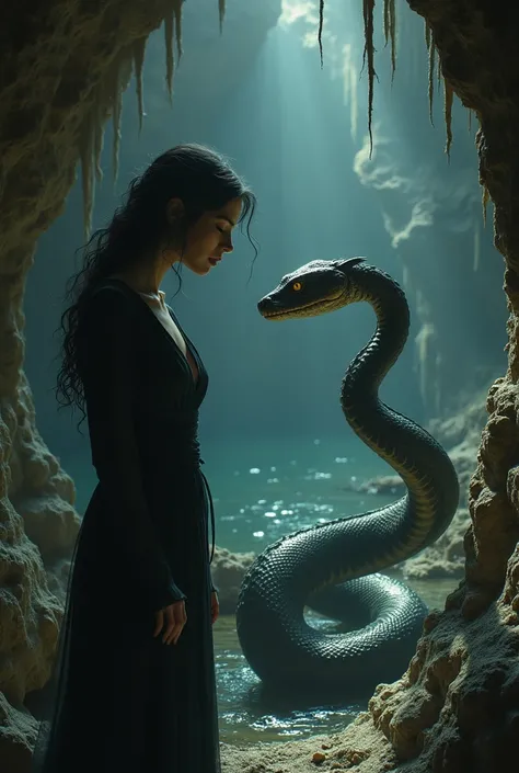 Une femme parle avec un serpent dans une grotte 