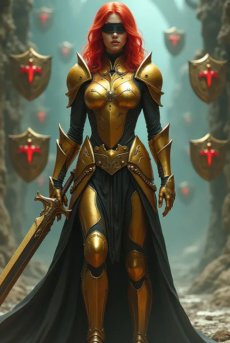  A red-haired woman in full gold armor, without a helmet and without any accessories on her head ,  other than a black blindfold covering her eyes .

She wields a giant sword with one hand and has two floating metal shields next to her .

 One shield is re...