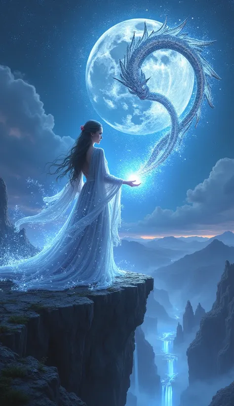 A mystical female mage dressed in flowing silver and sapphire robes, her hands glowing with arcane energy as she conjures a swirling storm of stardust and magical runes. She stands on the edge of a cliff overlooking a vast, otherworldly landscape with floa...