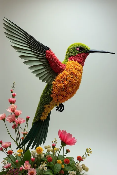 Hummingbird sculpture made with flowers