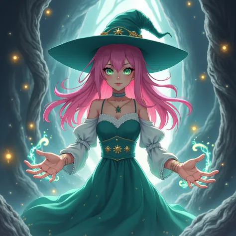  Witch Girl , 28 years old , green eyes ,  pink shoulder hair in anime style