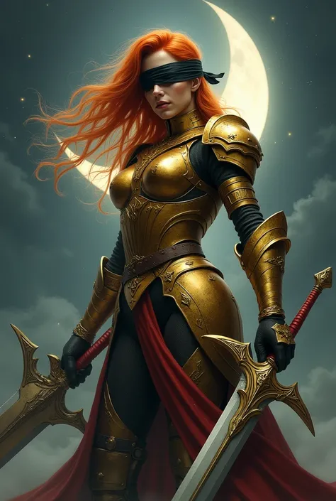  A red-haired woman in full gold armor, without a helmet and without any accessories on her head ,  other than a black blindfold covering her eyes .

She wields a giant sword with one hand and behind her we see a moon in the sky.