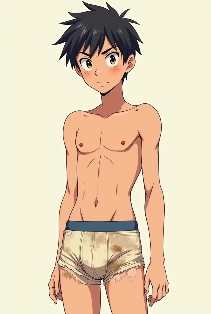 A teenage man in anime wearing smelling underwear