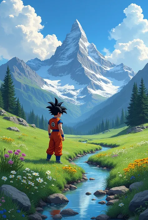 Goku at 2 using a nike tshirt. "A secluded alpine meadow nestled in the mountains, with a stream winding through the lush green grass. Wildflowers bloom in abundance, creating a colorful tapestry across the meadow. Towering snow-capped peaks loom in the ba...