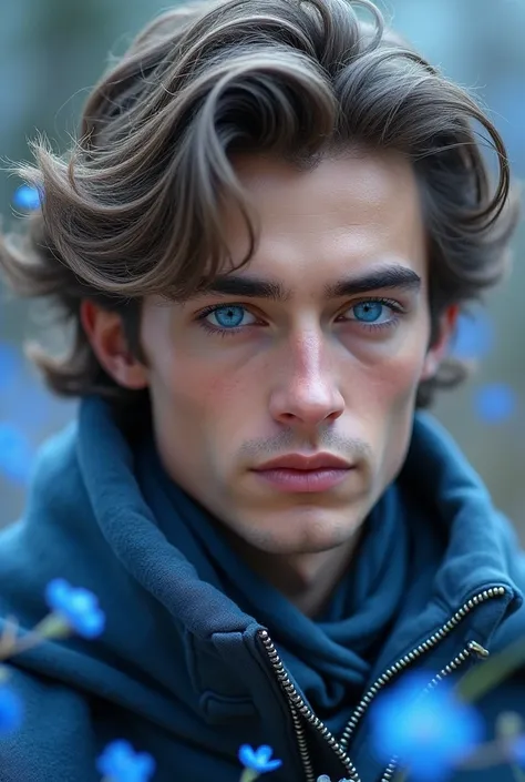 (photorealism:1.2), (photorealism:1.2),A hyper-realistic an extraordinarily handsome  20 years old wizards man embodying the allure and symbolism of Blue Alpine Forget-Me-Nots, representing loyalty, faithfulness, and everlasting love.

His eyes are a stunn...