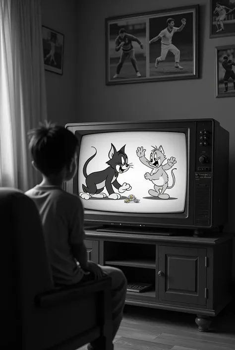  A picture that represents early 2000s. A Bangladeshi  boy watching cartoon(tom and jerry) in a black and white tv sitting in a chair(from back side) from a distance and in the walls there is pictures of some famous footballers and cricketers.. bigger room