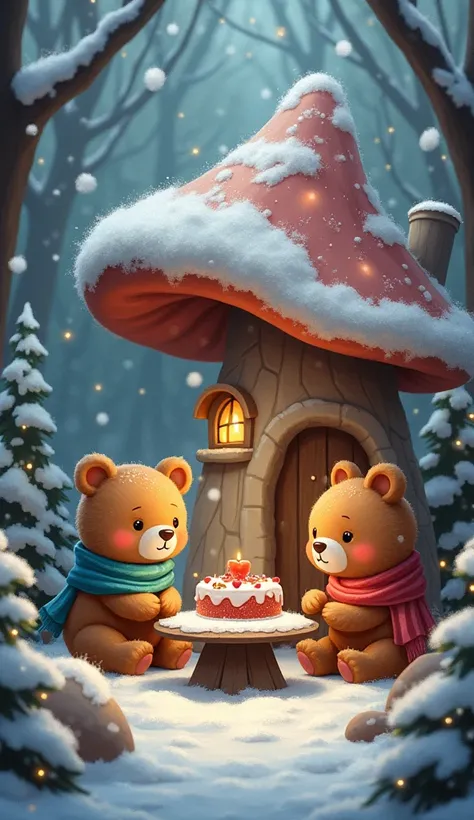  live in a mushroom house 、Little bears 。 they wear scarves because its cold 。 its snowing outside and Christmas trees are displayed。 they all eat Christmas cake 。