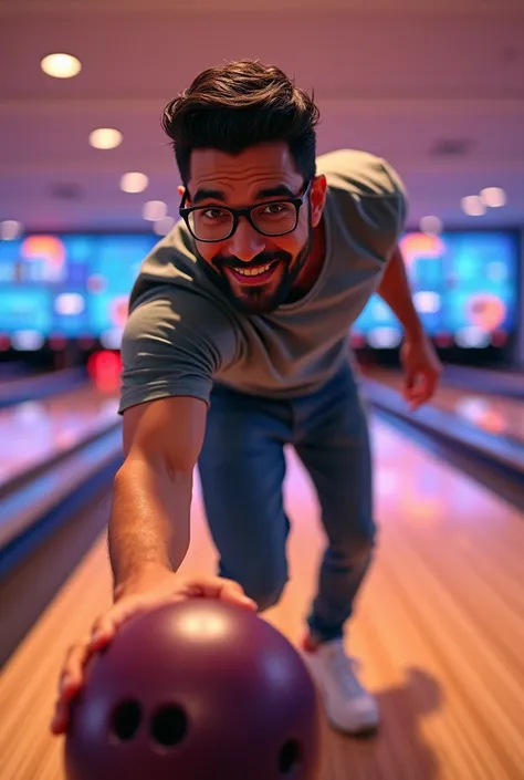 latino guy with glasses and beard throwing a bowling ball