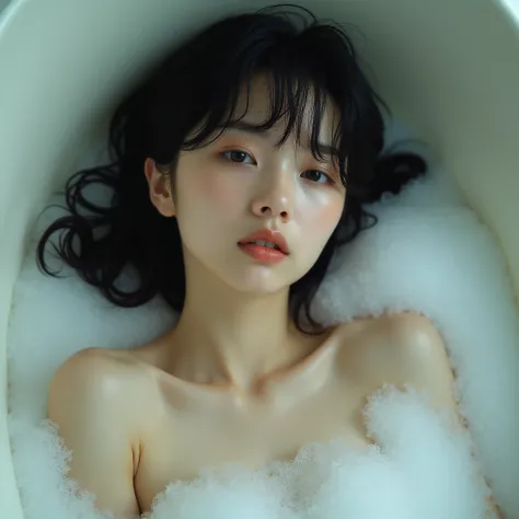  professional photo shoot, Wong Kar-wai,  a picture of a sexy erotica, (large cleavage,Big tits),(1 girl,korea face sexy 18 year old girl , pale skin, (body heigth:140cm), innocent look, Young face,  lying top to bottom in the bathtub,   she has disheveled...