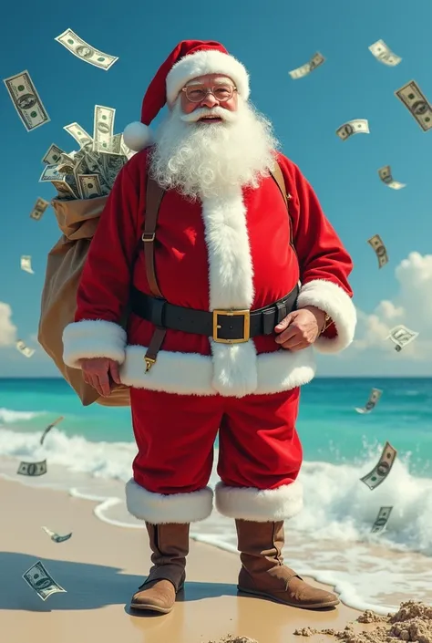  Santa Claus in shorts ,  dressed in summer dress , on a beach, with a lot of money, Full of dollars ,  and more than you can see that its raining dollars .  Santa Claus must give the appearance of a millionaire.